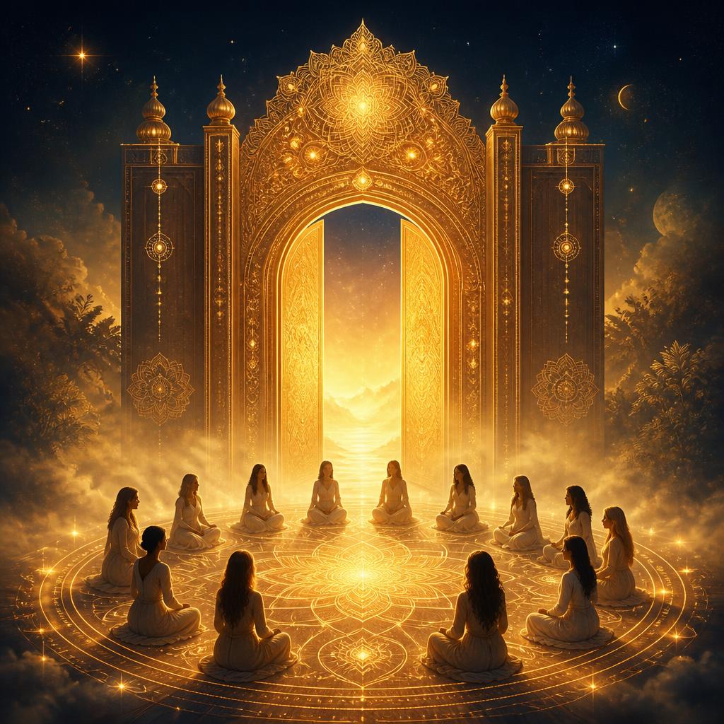 Golden sacred temple gateway with a circle of women in spiritual community